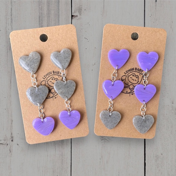 Handmade Lavender Purple and Speckled Grey Polymer Clay Earrings - Dainty Hearts - Picture 4 of 5